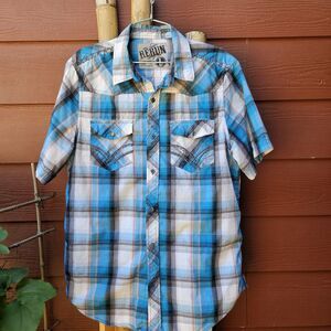 Rerun Shirt Mens Large Blue Black Plaid Short Sleeve